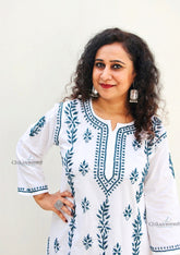 Malvika Cotton White Chikankari Kurti - Green